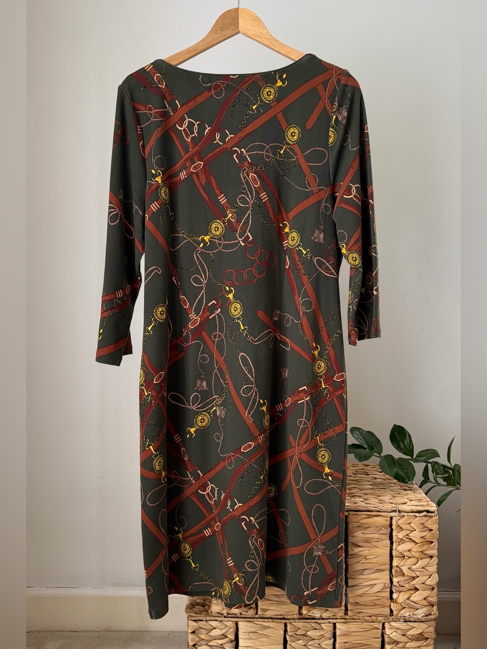 Women's TALBOTS Hunter Green Midi Dress Equestrian Chain Horse Old Money Size XL - Picture 5 of 5